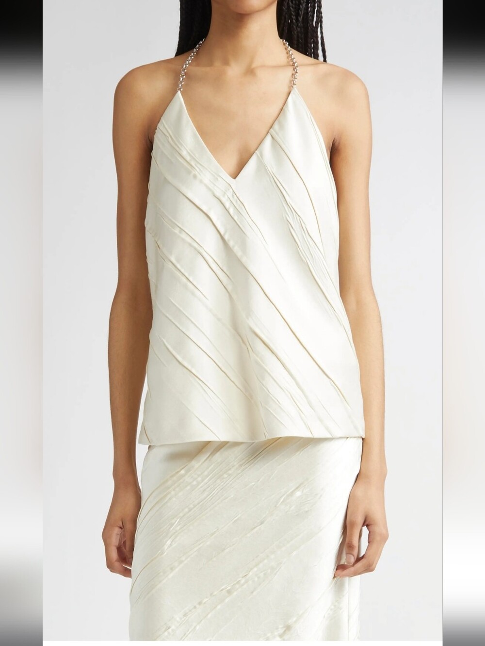 MaxMara-Sportmax Fatuo Ivory Satin V-Neck Camisole with Chain Halter Straps  4